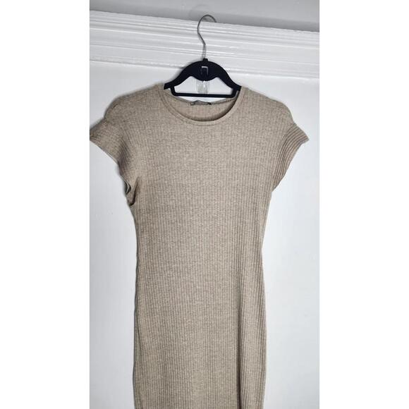 Zara Dress Womens Large Beige Ribbed Knit Sweater Short Sleeve Bodycon Midi - Picture 2 of 5